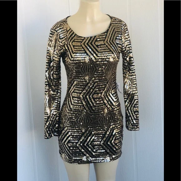 xtaren sequin dress Xtaren Sequin Gold and Black Dress Size S Blouson